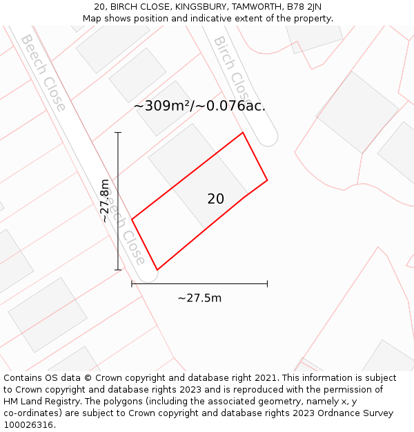 20, BIRCH CLOSE, KINGSBURY, TAMWORTH, B78 2JN: Plot and title map