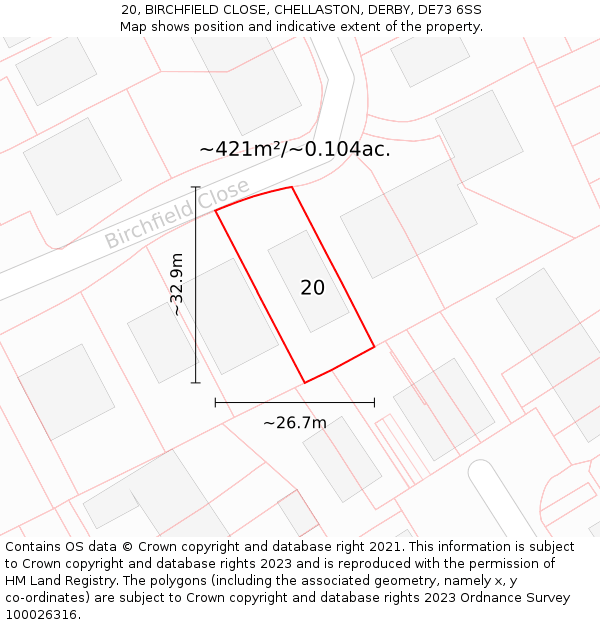 20, BIRCHFIELD CLOSE, CHELLASTON, DERBY, DE73 6SS: Plot and title map