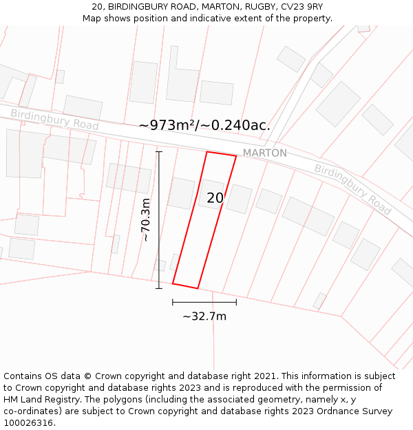 20, BIRDINGBURY ROAD, MARTON, RUGBY, CV23 9RY: Plot and title map