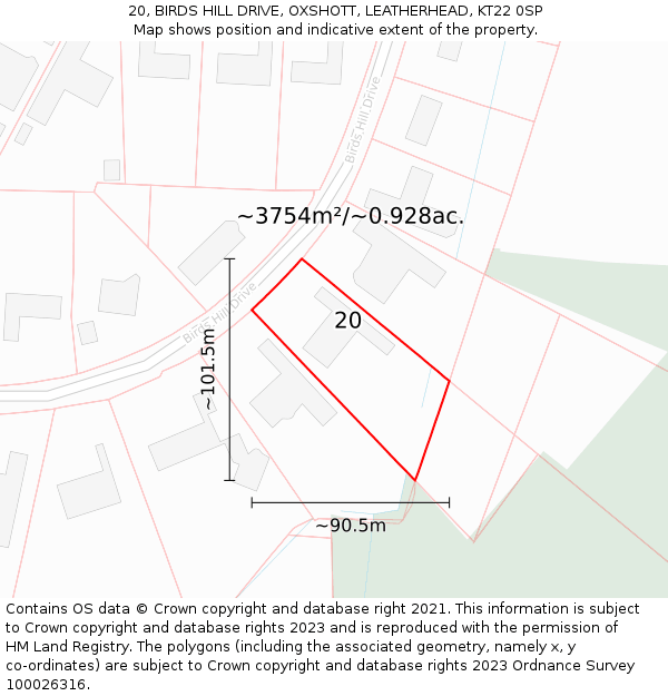 20, BIRDS HILL DRIVE, OXSHOTT, LEATHERHEAD, KT22 0SP: Plot and title map