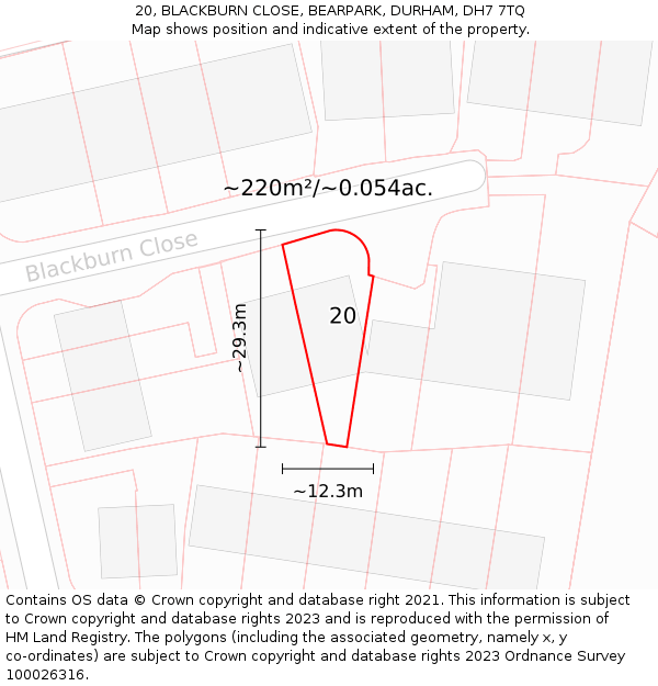 20, BLACKBURN CLOSE, BEARPARK, DURHAM, DH7 7TQ: Plot and title map