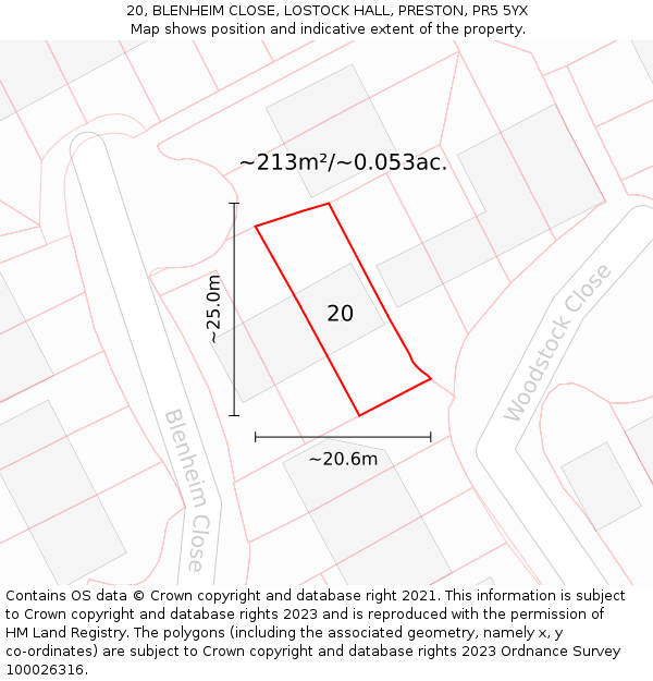 20, BLENHEIM CLOSE, LOSTOCK HALL, PRESTON, PR5 5YX: Plot and title map