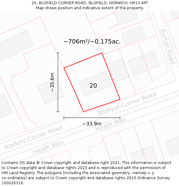 20, BLOFIELD CORNER ROAD, BLOFIELD, NORWICH, NR13 4RT: Plot and title map
