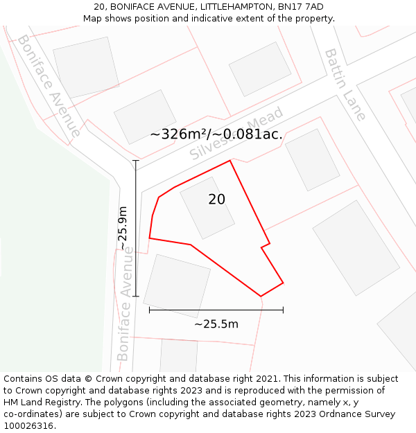 20, BONIFACE AVENUE, LITTLEHAMPTON, BN17 7AD: Plot and title map