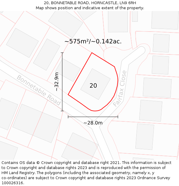 20, BONNETABLE ROAD, HORNCASTLE, LN9 6RH: Plot and title map