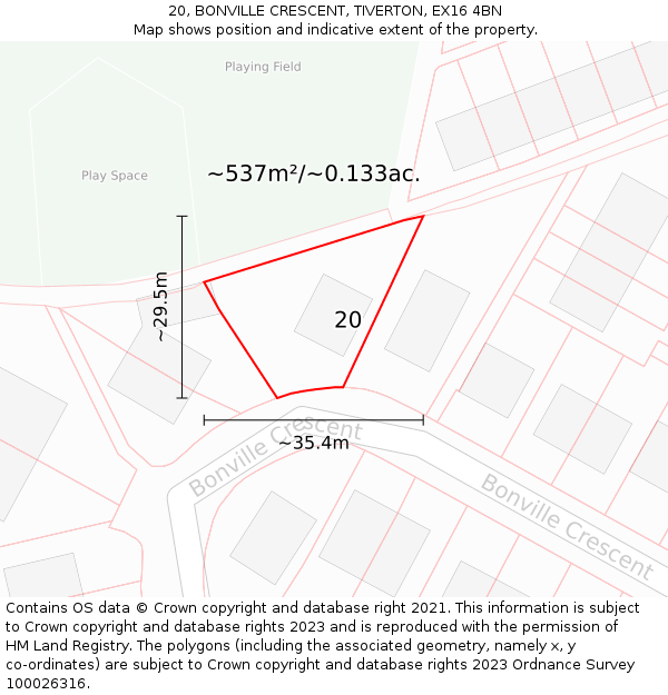 20, BONVILLE CRESCENT, TIVERTON, EX16 4BN: Plot and title map