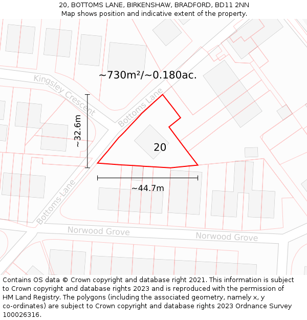20, BOTTOMS LANE, BIRKENSHAW, BRADFORD, BD11 2NN: Plot and title map