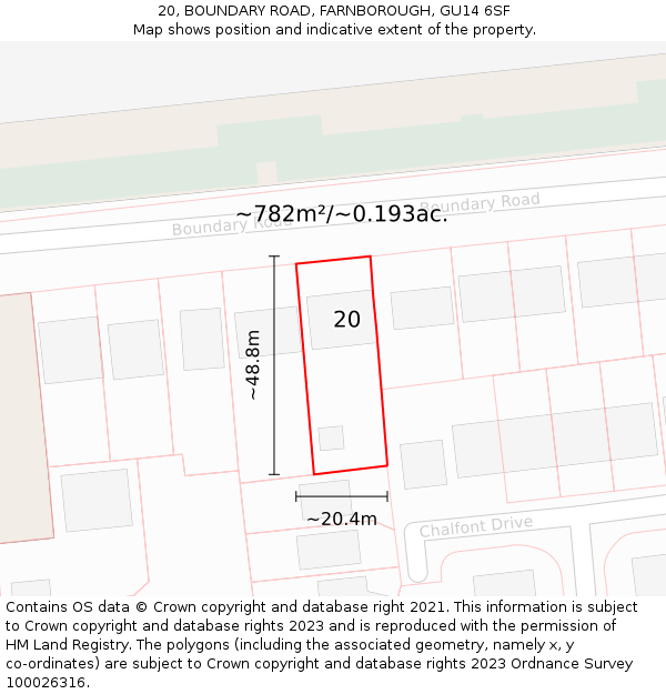20, BOUNDARY ROAD, FARNBOROUGH, GU14 6SF: Plot and title map