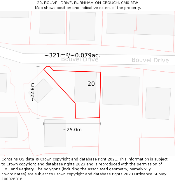 20, BOUVEL DRIVE, BURNHAM-ON-CROUCH, CM0 8TW: Plot and title map