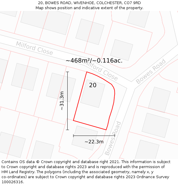 20, BOWES ROAD, WIVENHOE, COLCHESTER, CO7 9RD: Plot and title map