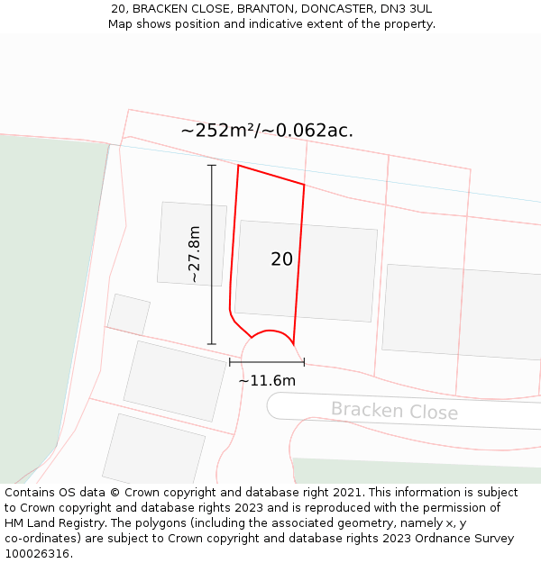 20, BRACKEN CLOSE, BRANTON, DONCASTER, DN3 3UL: Plot and title map