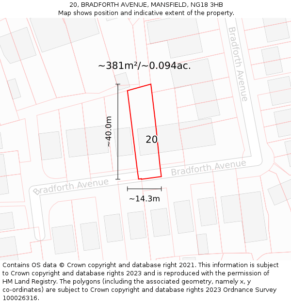 20, BRADFORTH AVENUE, MANSFIELD, NG18 3HB: Plot and title map