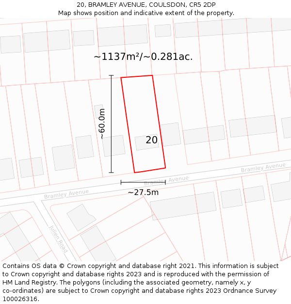 20, BRAMLEY AVENUE, COULSDON, CR5 2DP: Plot and title map