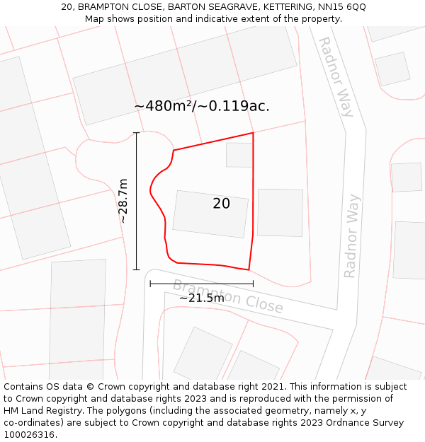 20, BRAMPTON CLOSE, BARTON SEAGRAVE, KETTERING, NN15 6QQ: Plot and title map