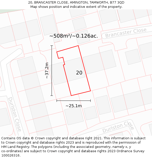 20, BRANCASTER CLOSE, AMINGTON, TAMWORTH, B77 3QD: Plot and title map