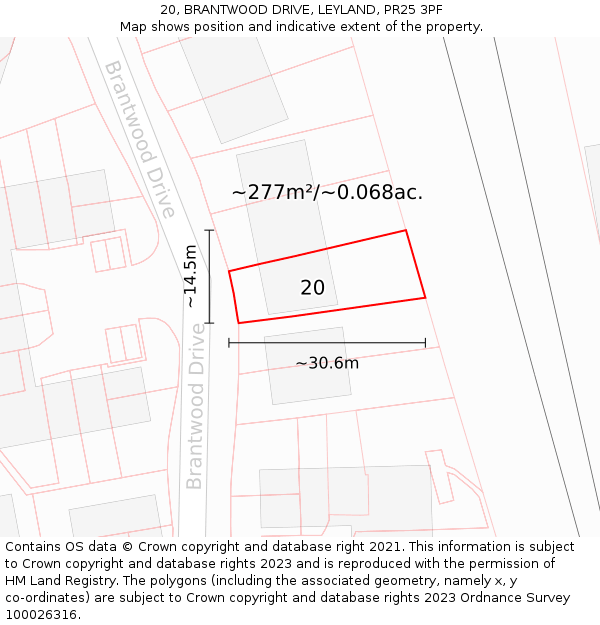20, BRANTWOOD DRIVE, LEYLAND, PR25 3PF: Plot and title map