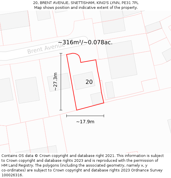 20, BRENT AVENUE, SNETTISHAM, KING'S LYNN, PE31 7PL: Plot and title map