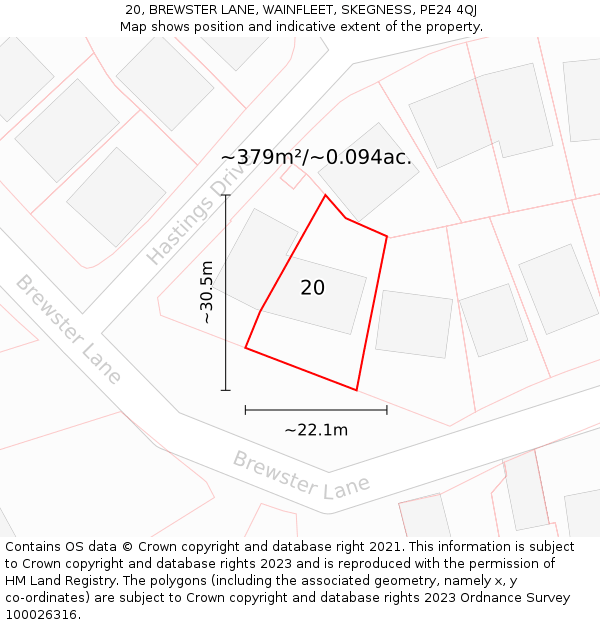 20, BREWSTER LANE, WAINFLEET, SKEGNESS, PE24 4QJ: Plot and title map