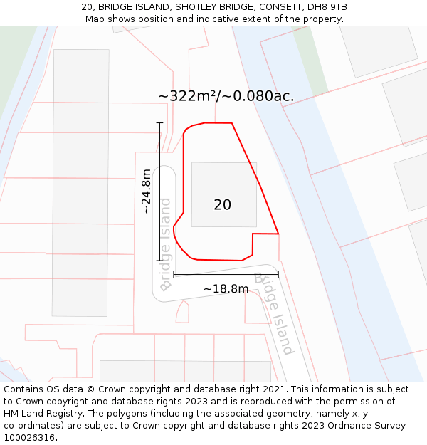 20, BRIDGE ISLAND, SHOTLEY BRIDGE, CONSETT, DH8 9TB: Plot and title map