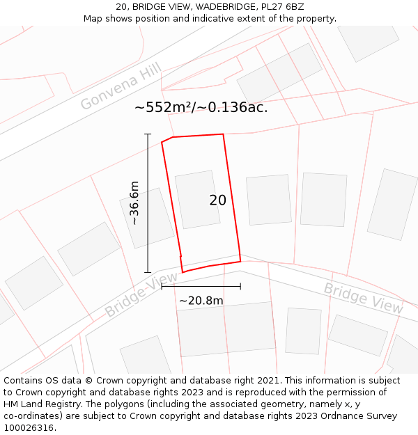20, BRIDGE VIEW, WADEBRIDGE, PL27 6BZ: Plot and title map