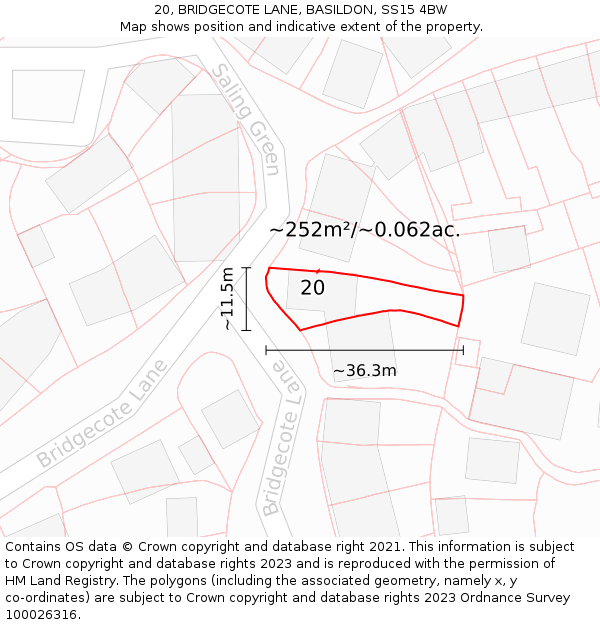 20, BRIDGECOTE LANE, BASILDON, SS15 4BW: Plot and title map