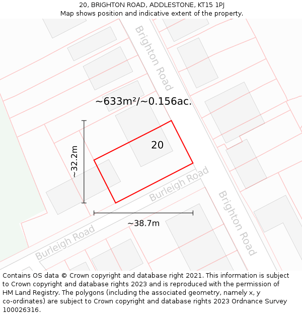 20, BRIGHTON ROAD, ADDLESTONE, KT15 1PJ: Plot and title map