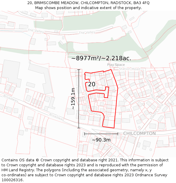 20, BRIMSCOMBE MEADOW, CHILCOMPTON, RADSTOCK, BA3 4FQ: Plot and title map