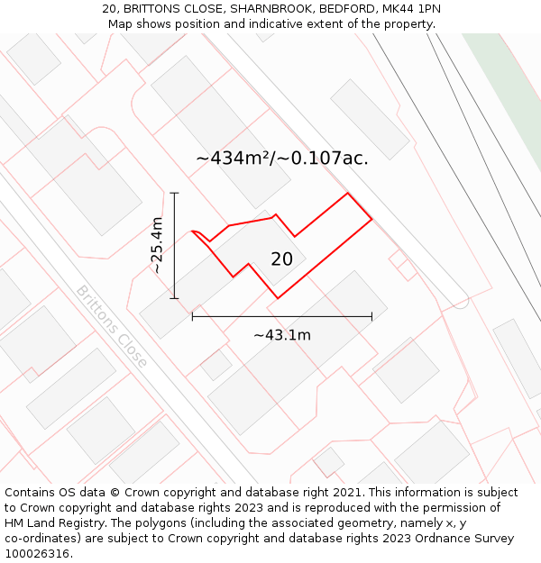 20, BRITTONS CLOSE, SHARNBROOK, BEDFORD, MK44 1PN: Plot and title map