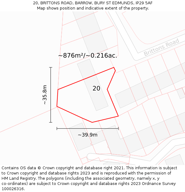 20, BRITTONS ROAD, BARROW, BURY ST EDMUNDS, IP29 5AF: Plot and title map