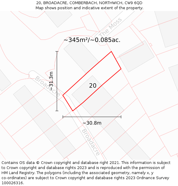 20, BROADACRE, COMBERBACH, NORTHWICH, CW9 6QD: Plot and title map