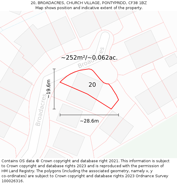 20, BROADACRES, CHURCH VILLAGE, PONTYPRIDD, CF38 1BZ: Plot and title map