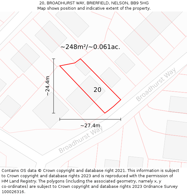 20, BROADHURST WAY, BRIERFIELD, NELSON, BB9 5HG: Plot and title map
