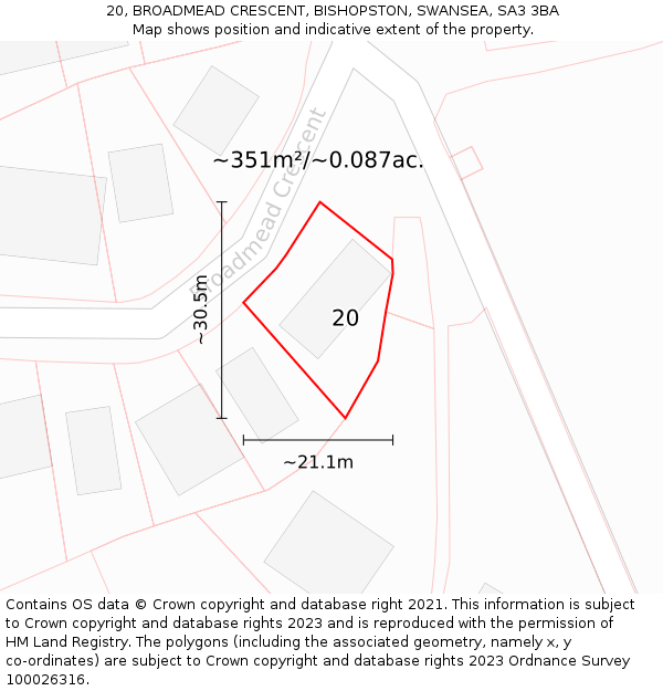 20, BROADMEAD CRESCENT, BISHOPSTON, SWANSEA, SA3 3BA: Plot and title map