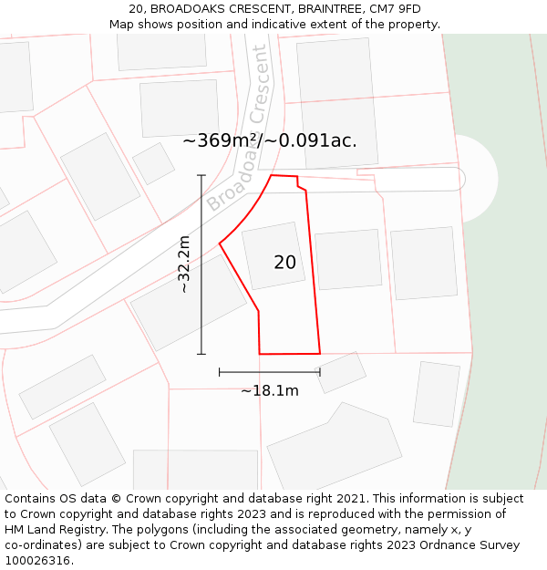 20, BROADOAKS CRESCENT, BRAINTREE, CM7 9FD: Plot and title map