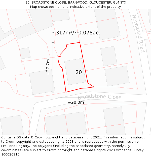20, BROADSTONE CLOSE, BARNWOOD, GLOUCESTER, GL4 3TX: Plot and title map