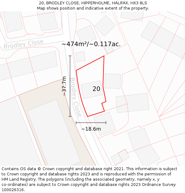 20, BRODLEY CLOSE, HIPPERHOLME, HALIFAX, HX3 8LS: Plot and title map