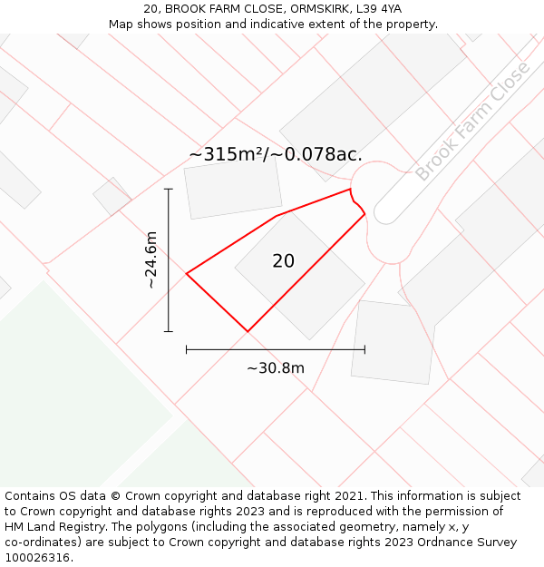 20, BROOK FARM CLOSE, ORMSKIRK, L39 4YA: Plot and title map
