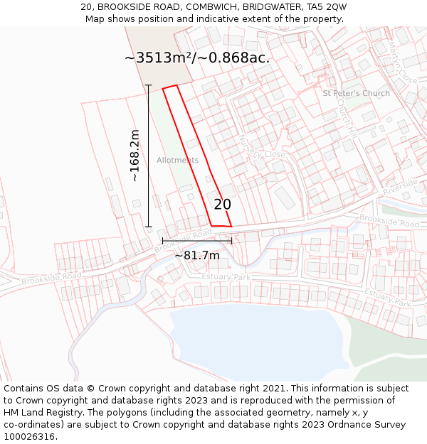 20, BROOKSIDE ROAD, COMBWICH, BRIDGWATER, TA5 2QW: Plot and title map