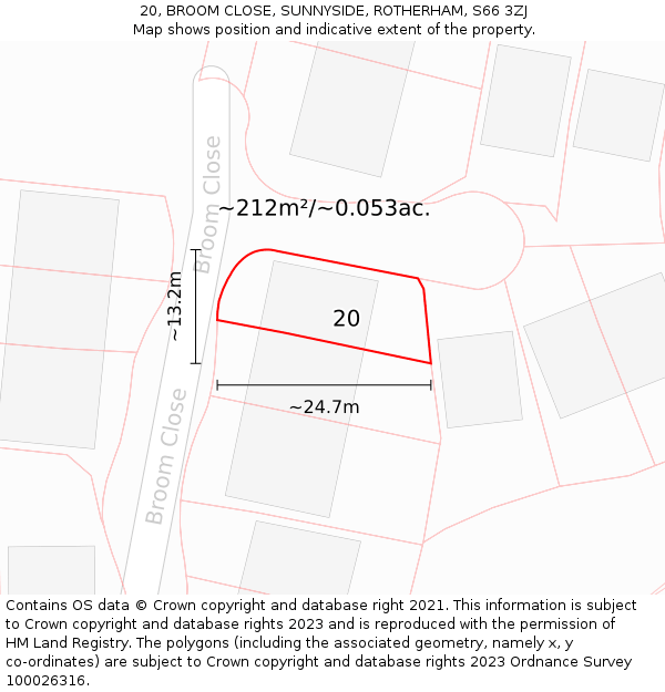 20, BROOM CLOSE, SUNNYSIDE, ROTHERHAM, S66 3ZJ: Plot and title map