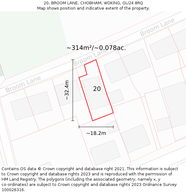 20, BROOM LANE, CHOBHAM, WOKING, GU24 8RQ: Plot and title map