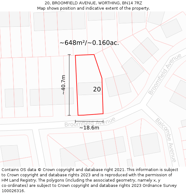 20, BROOMFIELD AVENUE, WORTHING, BN14 7RZ: Plot and title map