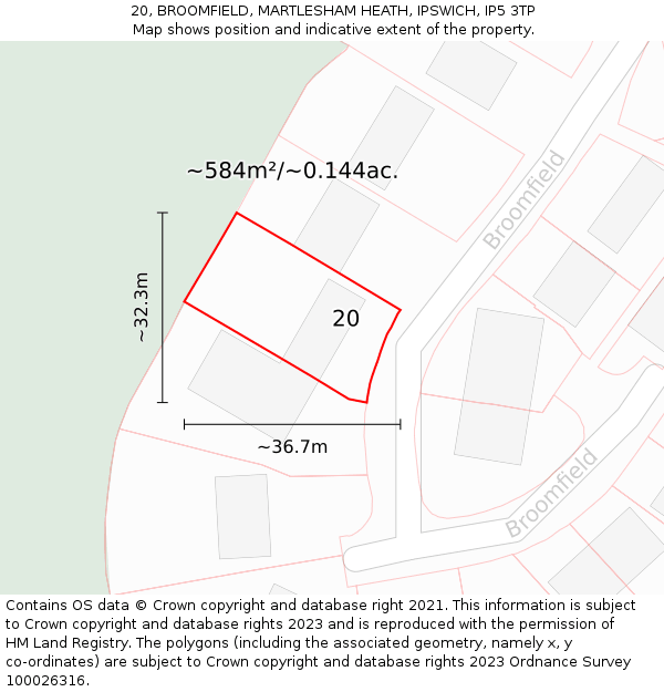 20, BROOMFIELD, MARTLESHAM HEATH, IPSWICH, IP5 3TP: Plot and title map