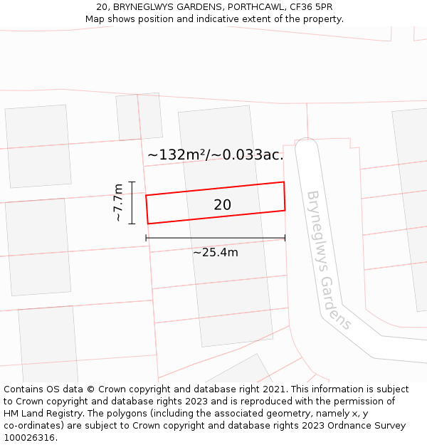 20, BRYNEGLWYS GARDENS, PORTHCAWL, CF36 5PR: Plot and title map