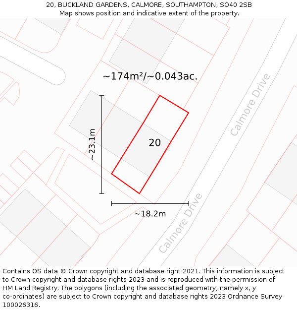 20, BUCKLAND GARDENS, CALMORE, SOUTHAMPTON, SO40 2SB: Plot and title map