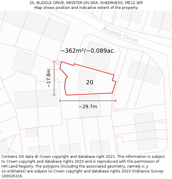 20, BUDDLE DRIVE, MINSTER ON SEA, SHEERNESS, ME12 3EP: Plot and title map