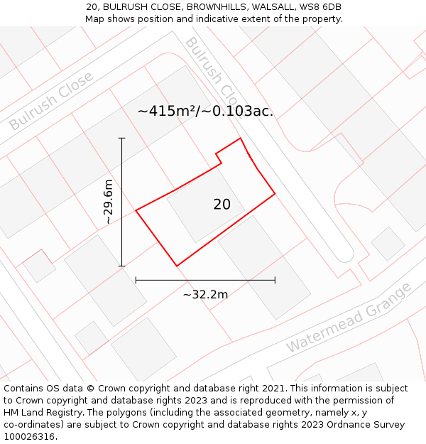 20, BULRUSH CLOSE, BROWNHILLS, WALSALL, WS8 6DB: Plot and title map