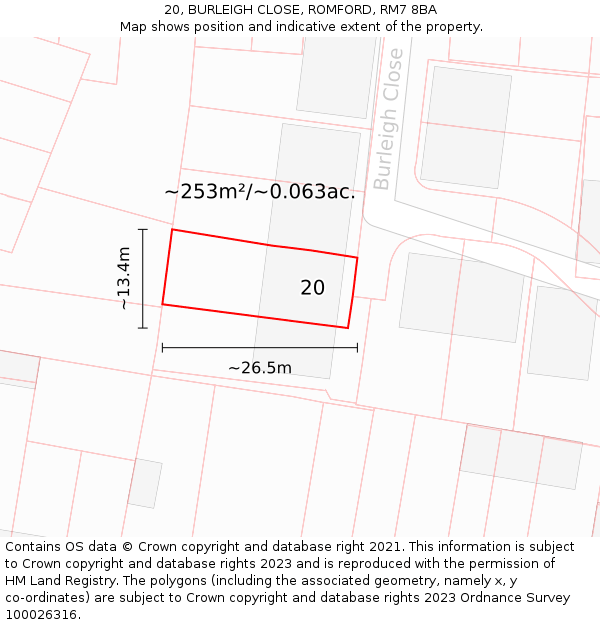 20, BURLEIGH CLOSE, ROMFORD, RM7 8BA: Plot and title map