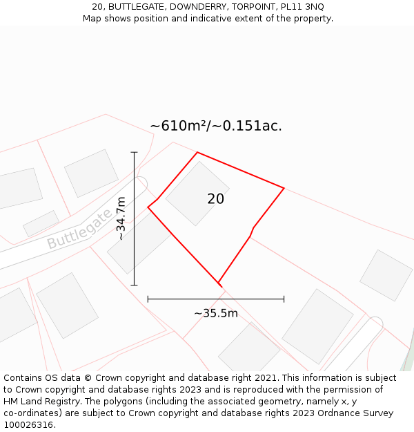 20, BUTTLEGATE, DOWNDERRY, TORPOINT, PL11 3NQ: Plot and title map