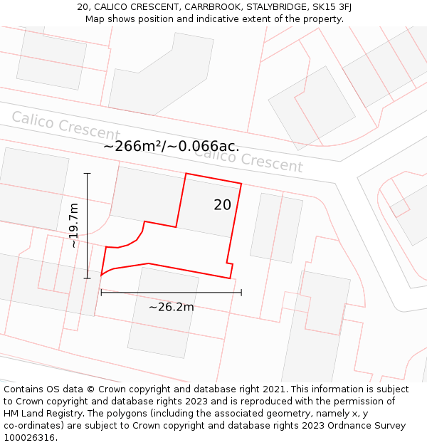 20, CALICO CRESCENT, CARRBROOK, STALYBRIDGE, SK15 3FJ: Plot and title map