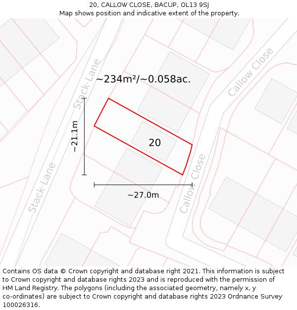 20, CALLOW CLOSE, BACUP, OL13 9SJ: Plot and title map